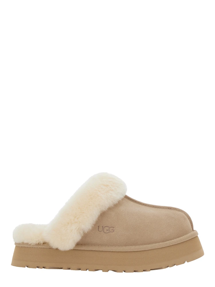 Disquette Beige Mule with Fur and Logo on Back in Suede Woman
