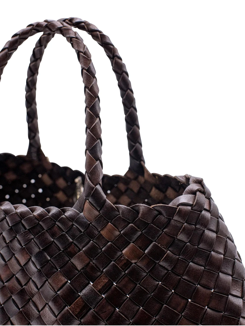 Santa Croce Brown Handbag with Two Top Handles and Interwoven Design in Leather Woman