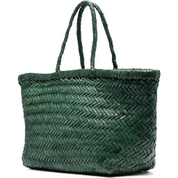 Triple Jump Green Handbag with Two Top Handles and Woven Design in Leather Woman