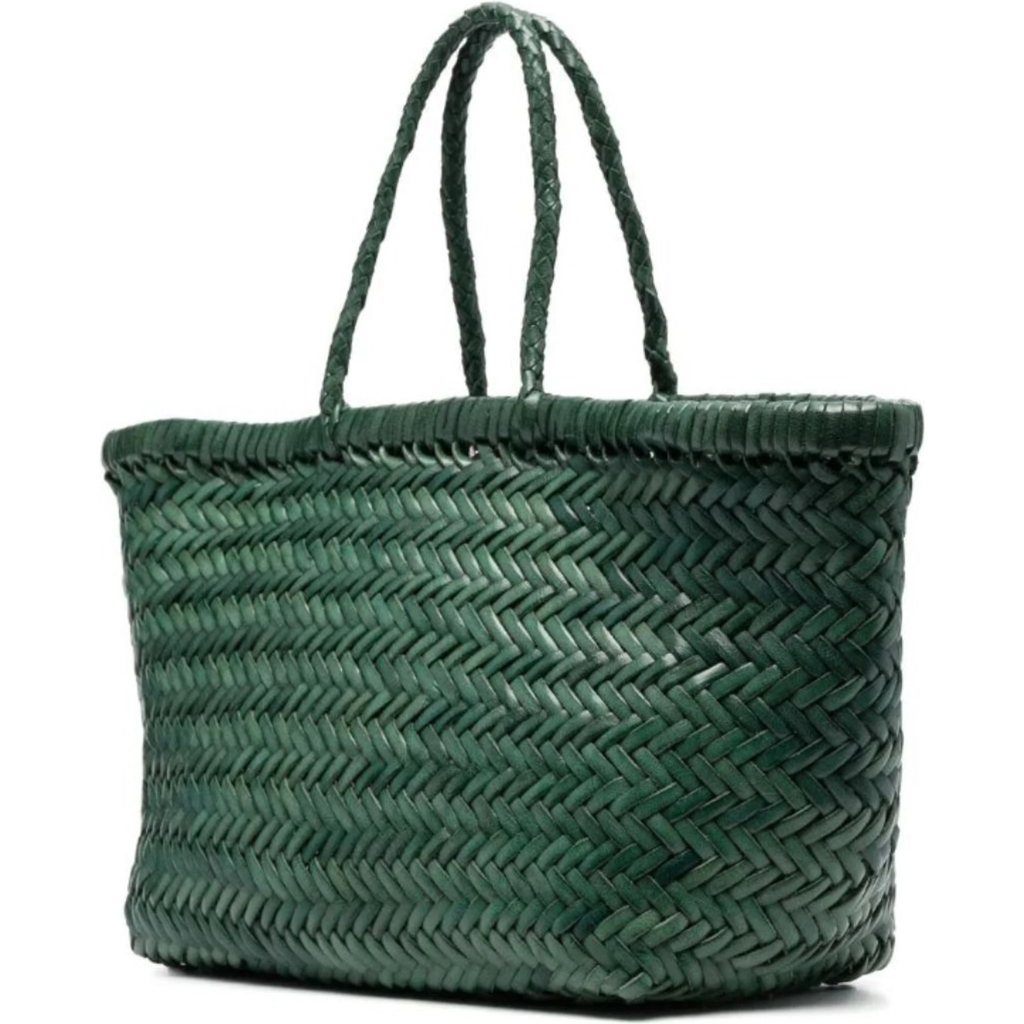 Triple Jump Green Handbag with Two Top Handles and Woven Design in Leather Woman
