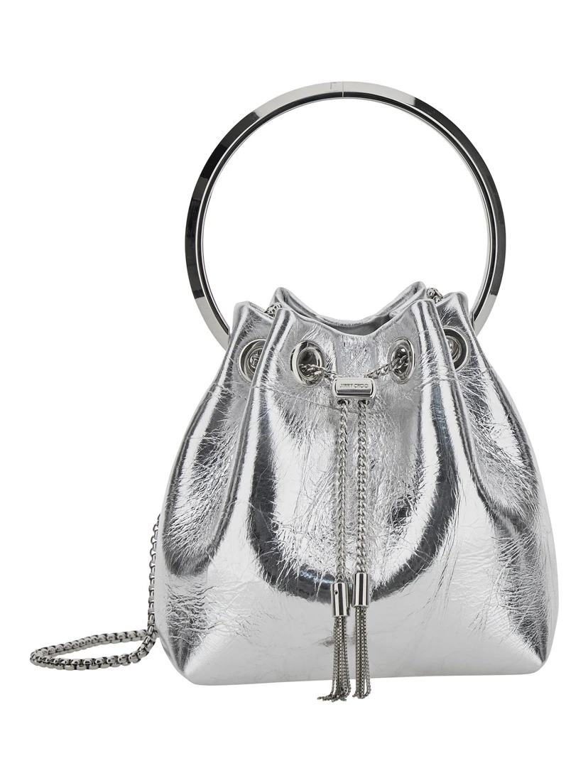Bon Bon Metallic Handbag with Metal Bracelet Handle and Chain-Link Shoulder Strap in Leather Woman