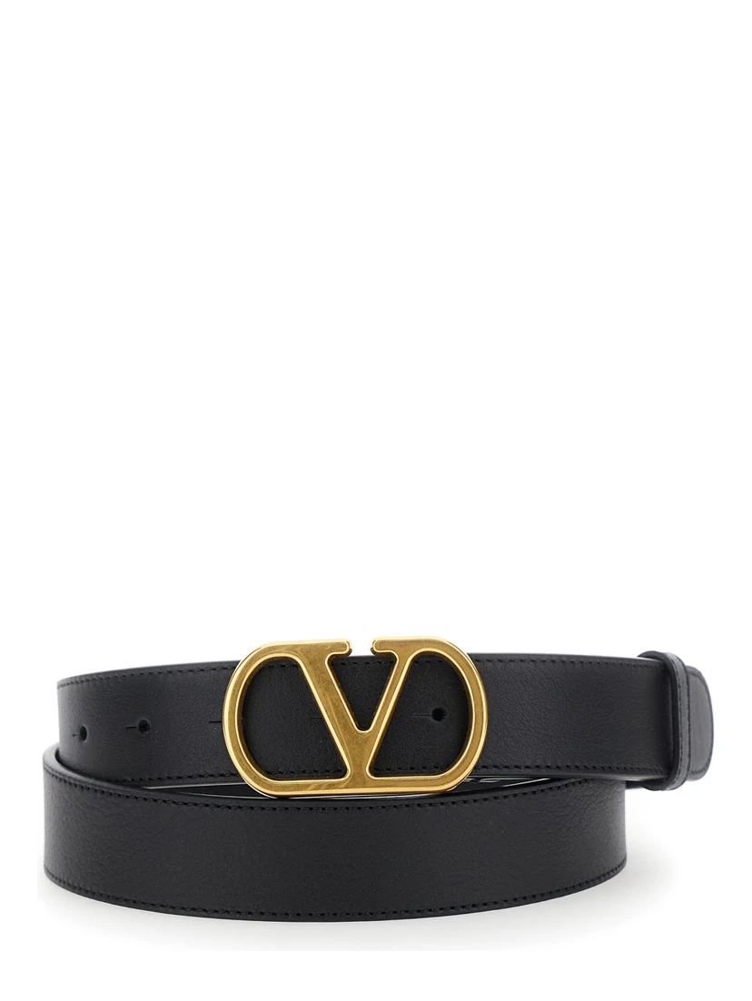 Black Belt with VLogo Buckle in Grained Leather Woman