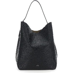 Black Shoulder Bag with Front Logo Print and Contrasting Belt in Grained Leather Woman