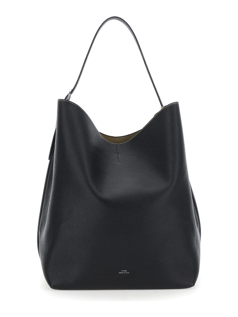 Black Shoulder Bag with Front Logo Print and Contrasting Belt in Grained Leather Woman