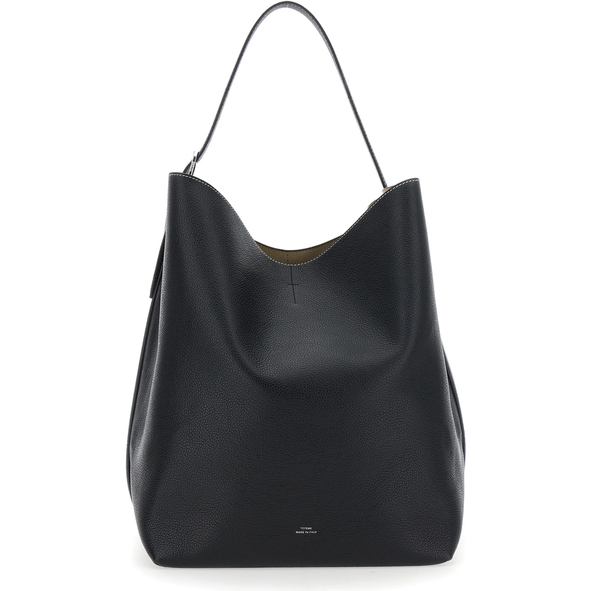 Black Shoulder Bag with Front Logo Print and Contrasting Belt in Grained Leather Woman