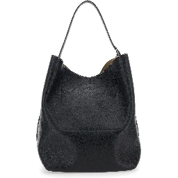 Black Shoulder Bag with Front Logo Print and Contrasting Belt in Grained Leather Woman