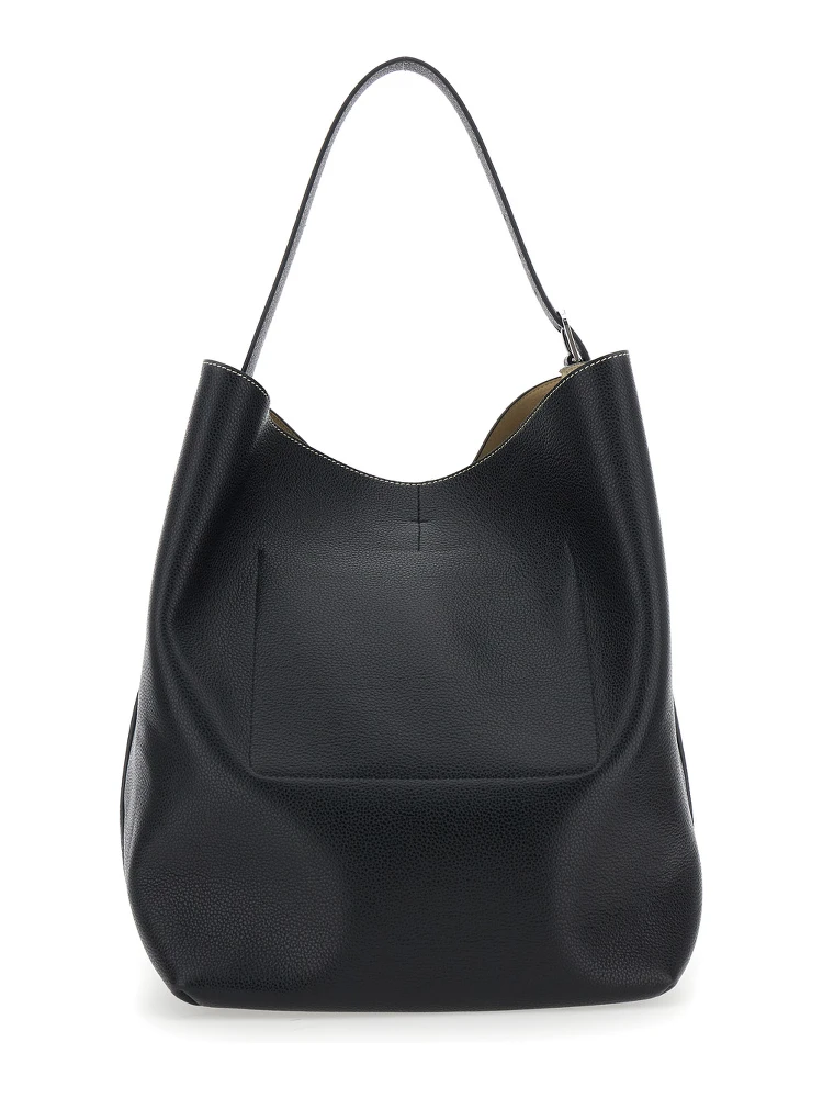 Black Shoulder Bag with Front Logo Print and Contrasting Belt in Grained Leather Woman alternative