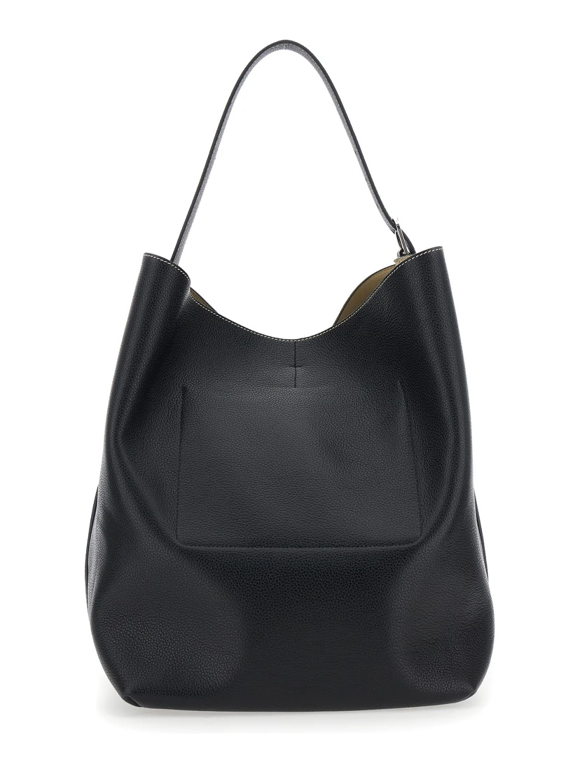 Black Shoulder Bag with Front Logo Print and Contrasting Belt in Grained Leather Woman