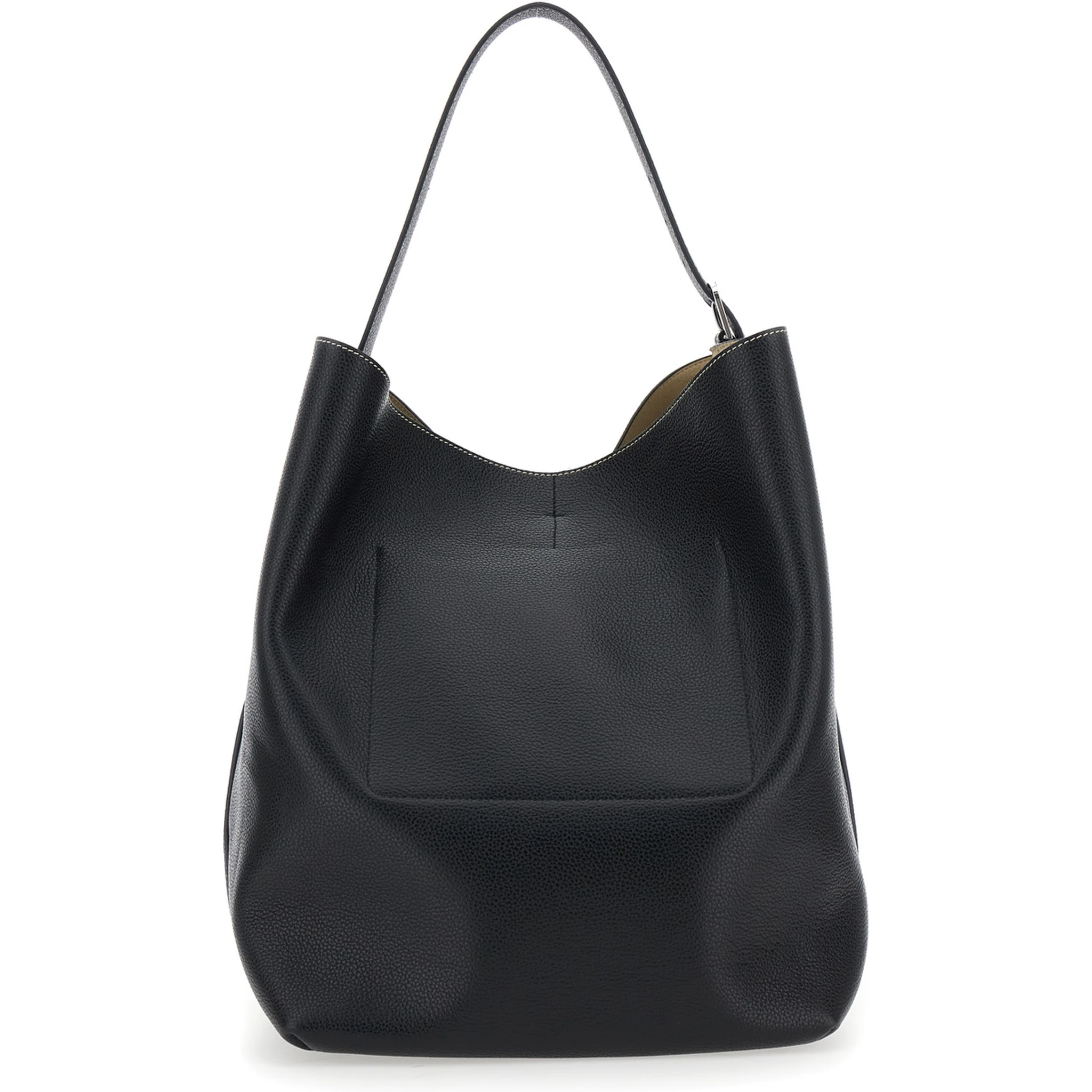 Black Shoulder Bag with Front Logo Print and Contrasting Belt in Grained Leather Woman