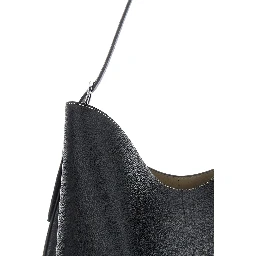 Black Shoulder Bag with Front Logo Print and Contrasting Belt in Grained Leather Woman