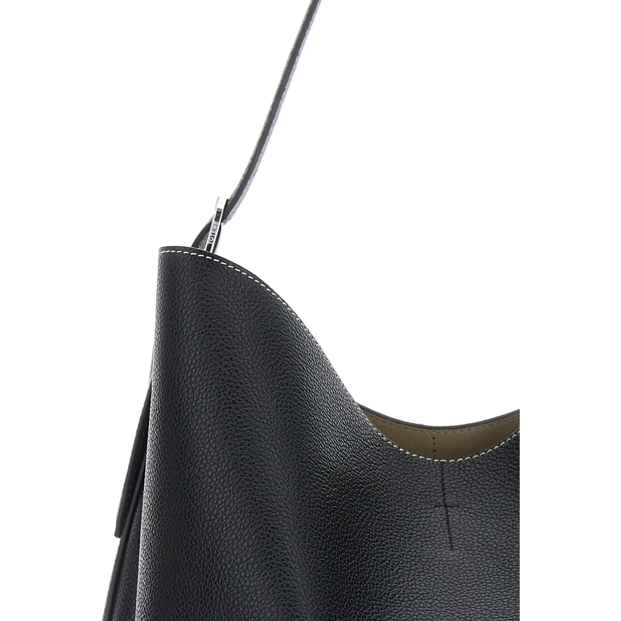 Black Shoulder Bag with Front Logo Print and Contrasting Belt in Grained Leather Woman