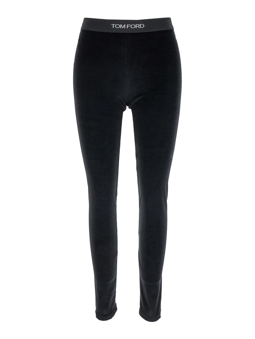 Black Leggings with Branded Band in Velvet Woman