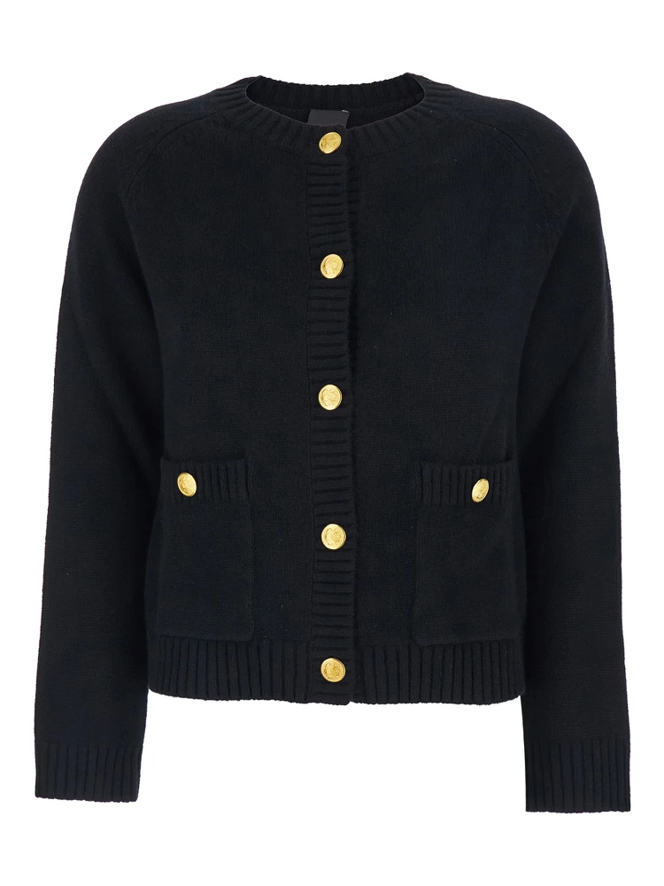 Black Crewneck Cardigan with Jewel Buttons and Two Front Patch Pockets in Wool Woman