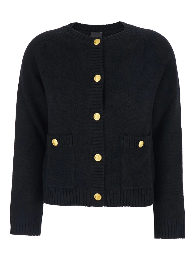 Black Crewneck Cardigan with Jewel Buttons and Two Front Patch Pockets in Wool Woman