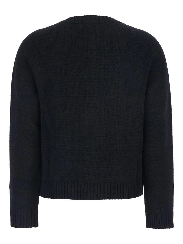 Black Crewneck Cardigan with Jewel Buttons and Two Front Patch Pockets in Wool Woman alternative