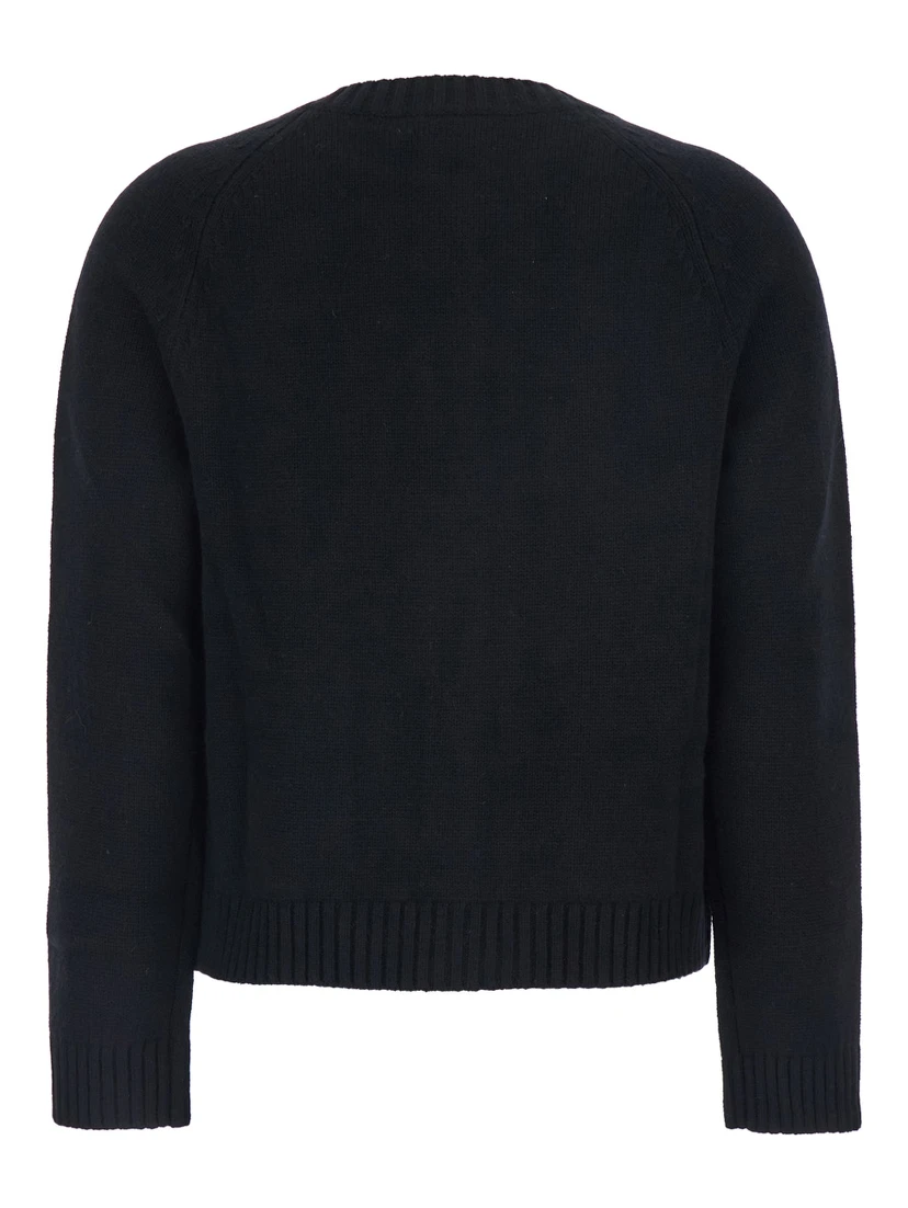 Black Crewneck Cardigan with Jewel Buttons and Two Front Patch Pockets in Wool Woman