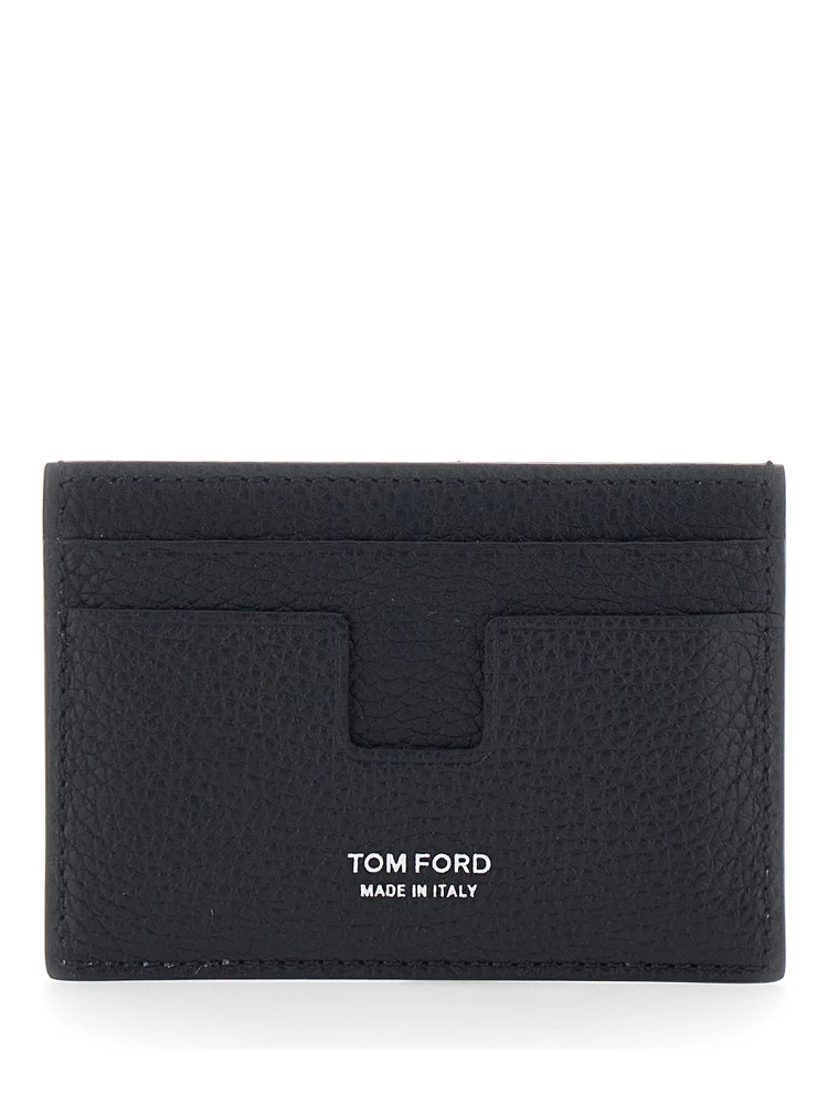 Black Card Holder with Embossed Lgoo Lettering on the Front and Money Clip in Grained Leather Man