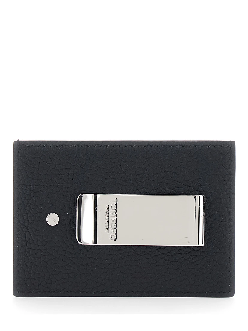 Black Card Holder with Embossed Lgoo Lettering on the Front and Money Clip in Grained Leather Man