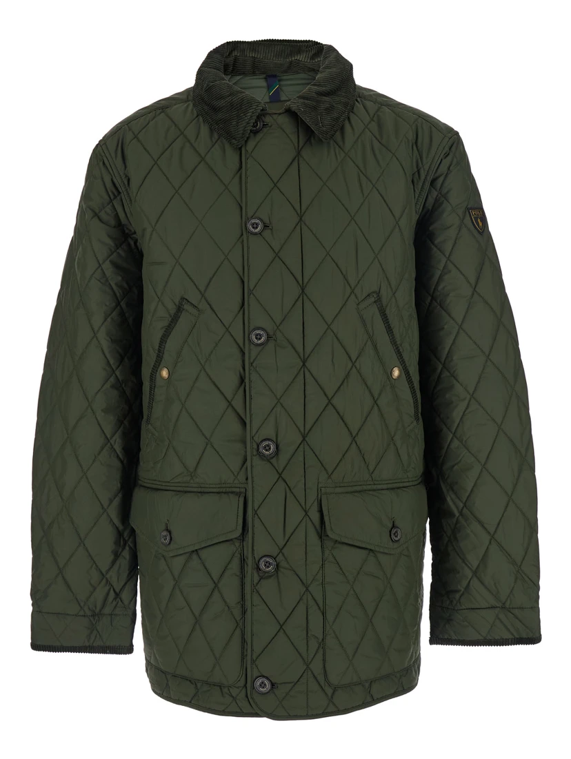 Green Jacket with Corduroy Collar and Logo Patch on the Sleeve in Cotton Man
