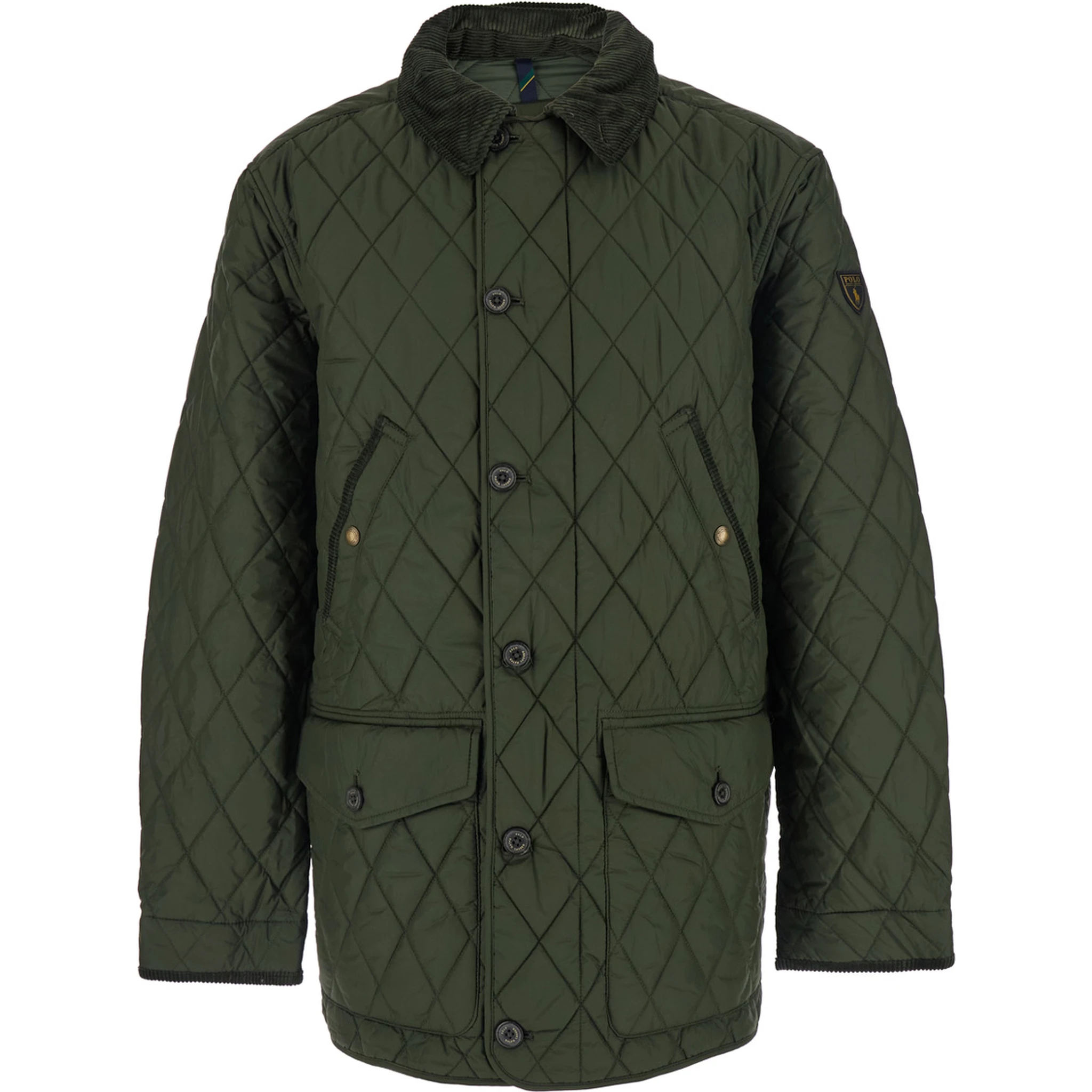 Green Jacket with Corduroy Collar and Logo Patch on the Sleeve in Cotton Man
