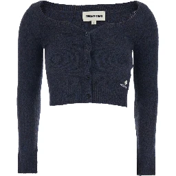 Blue Cardigan with Wide Round Neck and Logo Embroidery on the Front in Wool Blend Woman