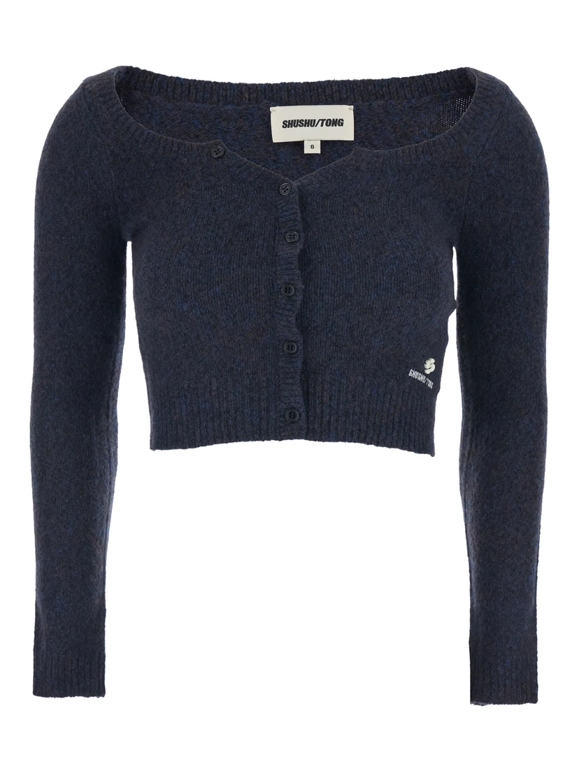 Blue Cardigan with Wide Round Neck and Logo Embroidery on the Front in Wool Blend Woman