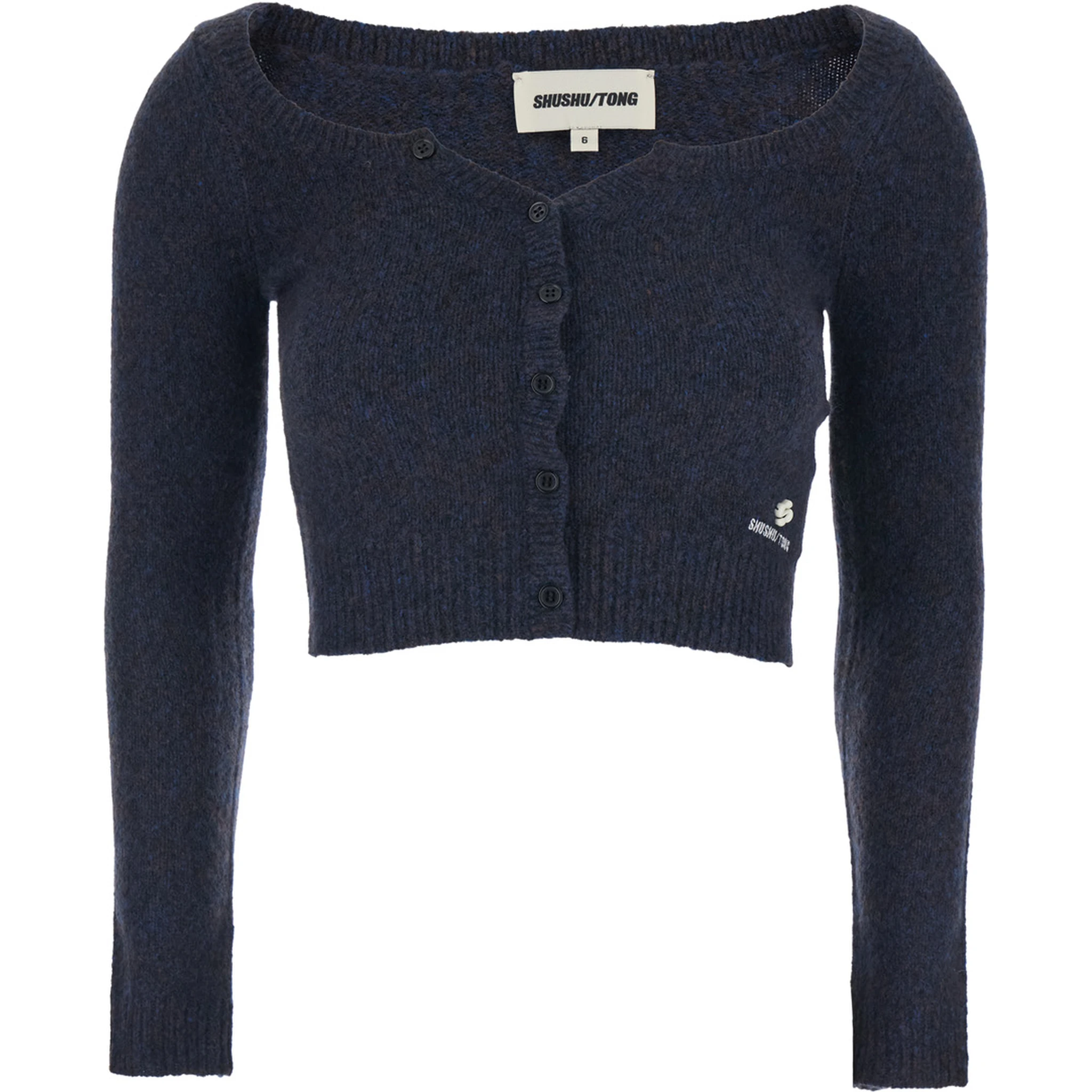 Blue Cardigan with Wide Round Neck and Logo Embroidery on the Front in Wool Blend Woman