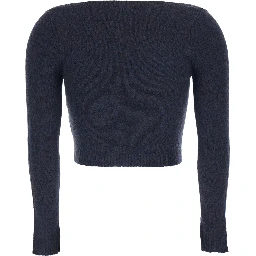 Blue Cardigan with Wide Round Neck and Logo Embroidery on the Front in Wool Blend Woman