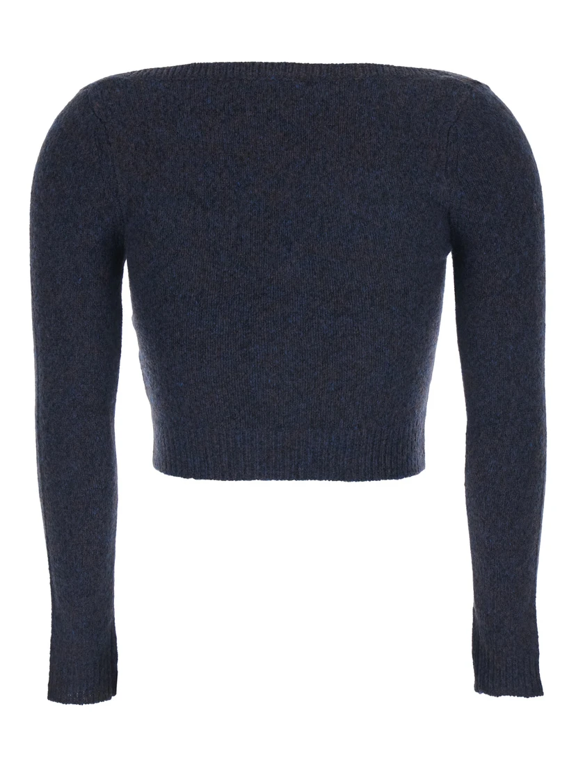 Blue Cardigan with Wide Round Neck and Logo Embroidery on the Front in Wool Blend Woman