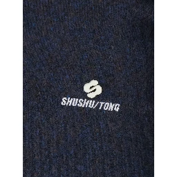 Blue Cardigan with Wide Round Neck and Logo Embroidery on the Front in Wool Blend Woman