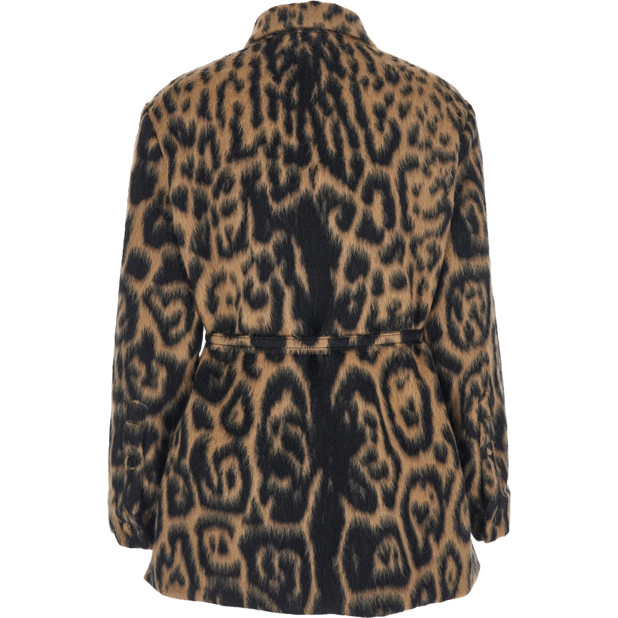 Multicolor Coat with FF Buckled Belt on the Front and All-Over Leopard Motif in Wool Blend Woman