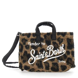 Brown Handbag with Logo Lettering on the Front and Leopard Motif in Faux Fur Girl