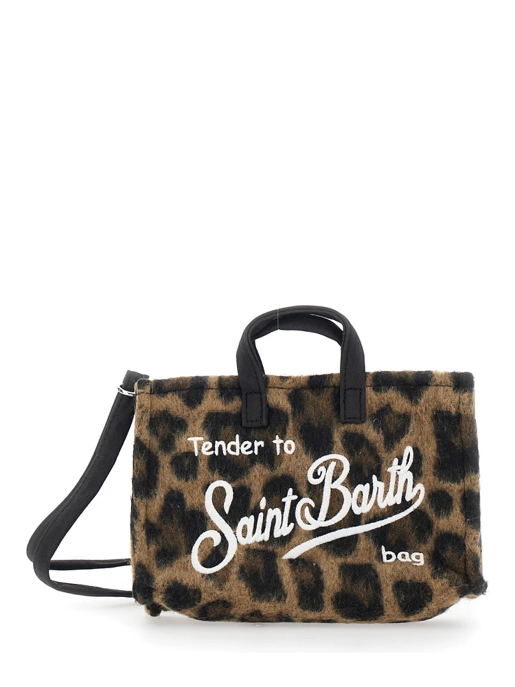 Brown Handbag with Logo Lettering on the Front and Leopard Motif in Faux Fur Girl