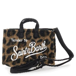 Brown Handbag with Logo Lettering on the Front and Leopard Motif in Faux Fur Girl