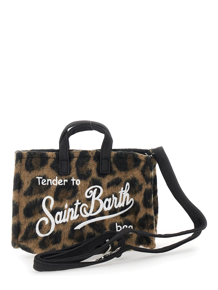 Brown Handbag with Logo Lettering on the Front and Leopard Motif in Faux Fur Girl