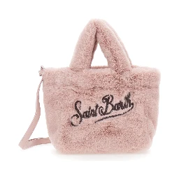 Vanity Mini Pink Handbag with Logo Lettering on Front and Back and Leopard Print in Eco Fur Girl