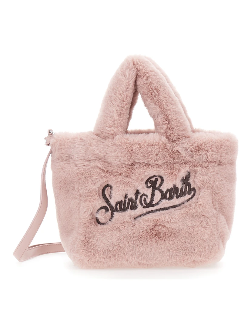 Vanity Mini Pink Handbag with Logo Lettering on Front and Back and Leopard Print in Eco Fur Girl