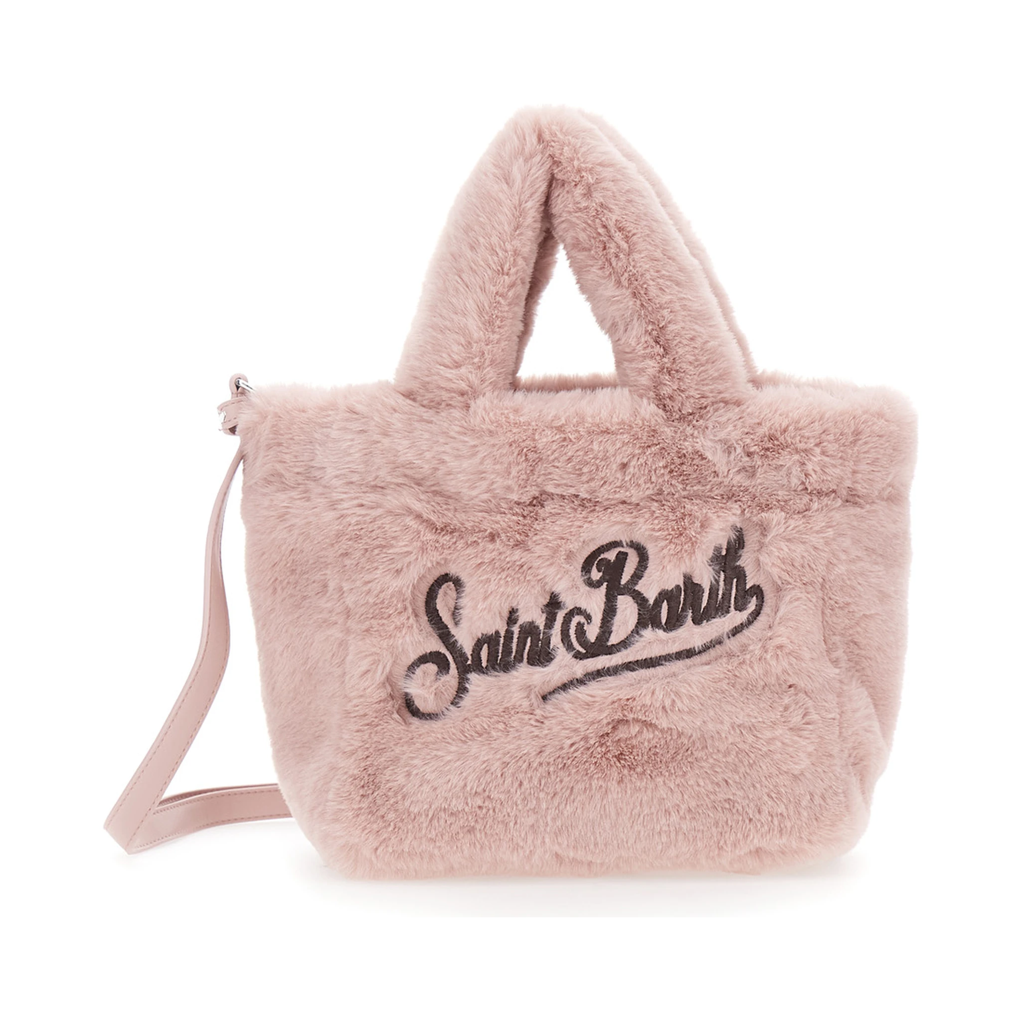 Vanity Mini Pink Handbag with Logo Lettering on Front and Back and Leopard Print in Eco Fur Girl