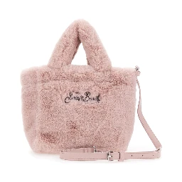 Vanity Mini Pink Handbag with Logo Lettering on Front and Back and Leopard Print in Eco Fur Girl