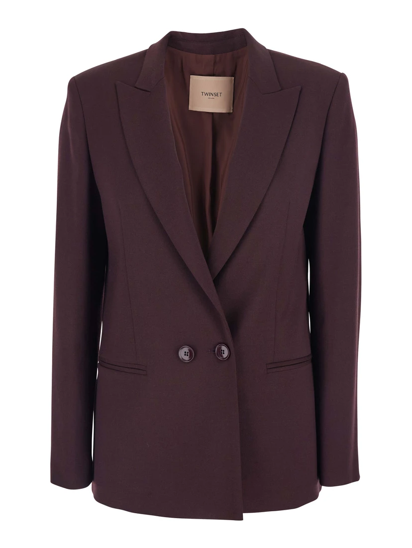 Bordeaux Double-Breasted Jacket with Classic Lapels in Wool and Fabric Blend Woman
