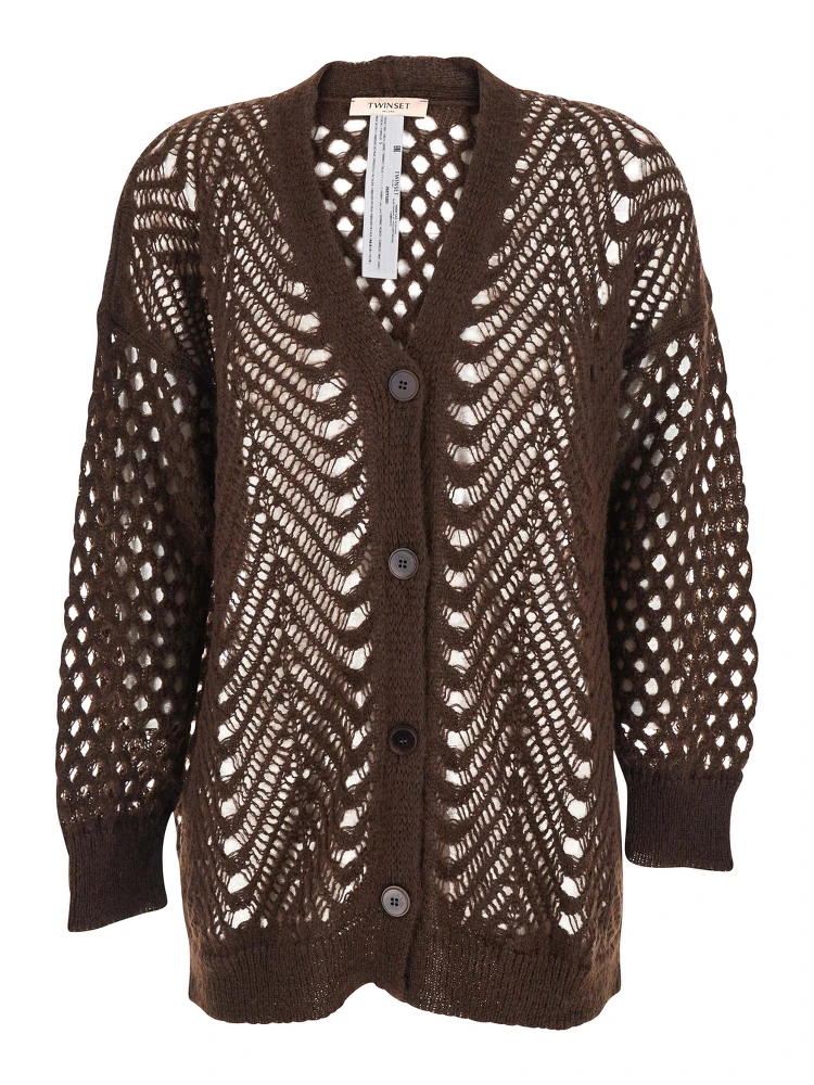 Brown V-Neck Cardigan with Open Knit Design in Mohair and Wool Blend Woman