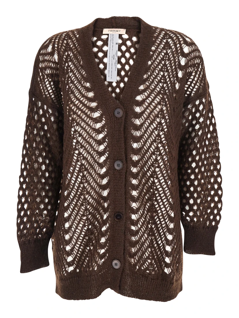 Brown V-Neck Cardigan with Open Knit Design in Mohair and Wool Blend Woman
