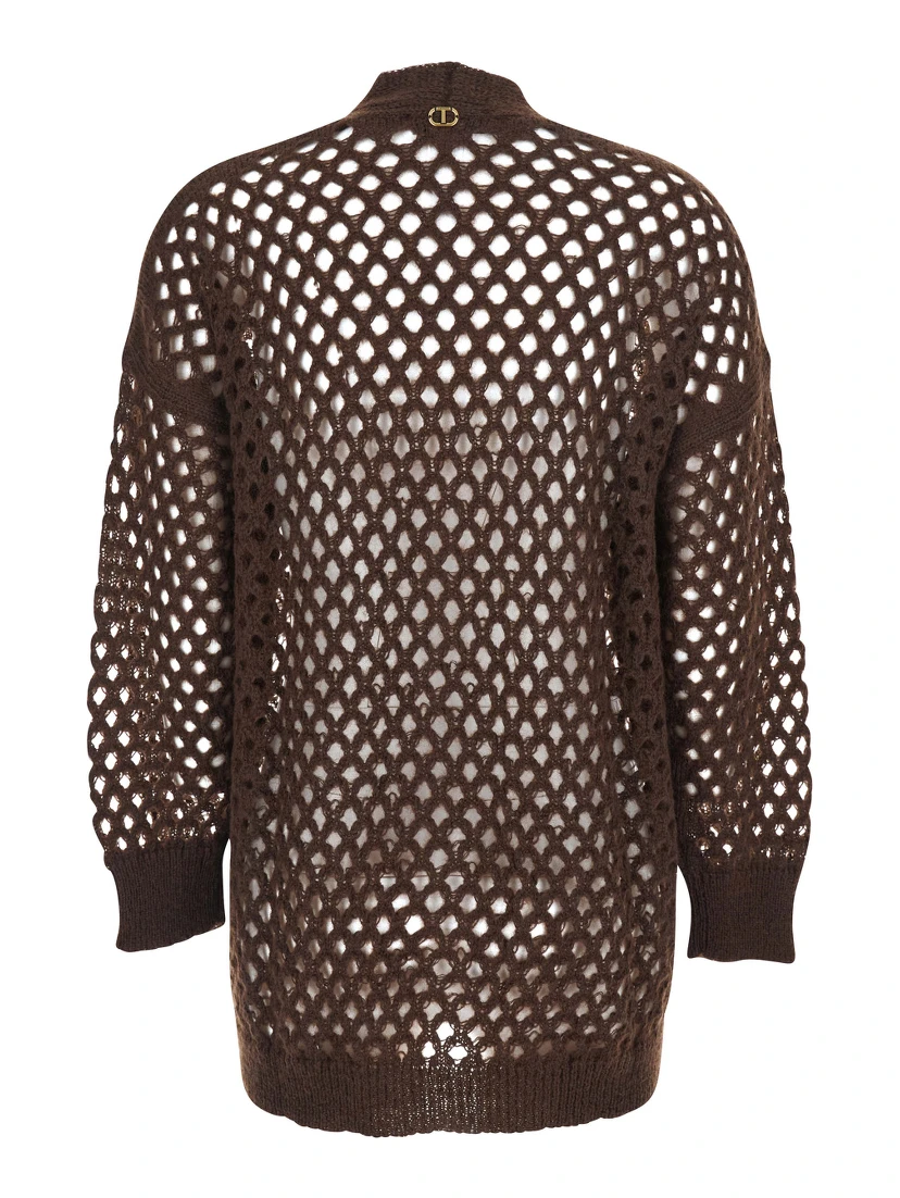 Brown V-Neck Cardigan with Open Knit Design in Mohair and Wool Blend Woman