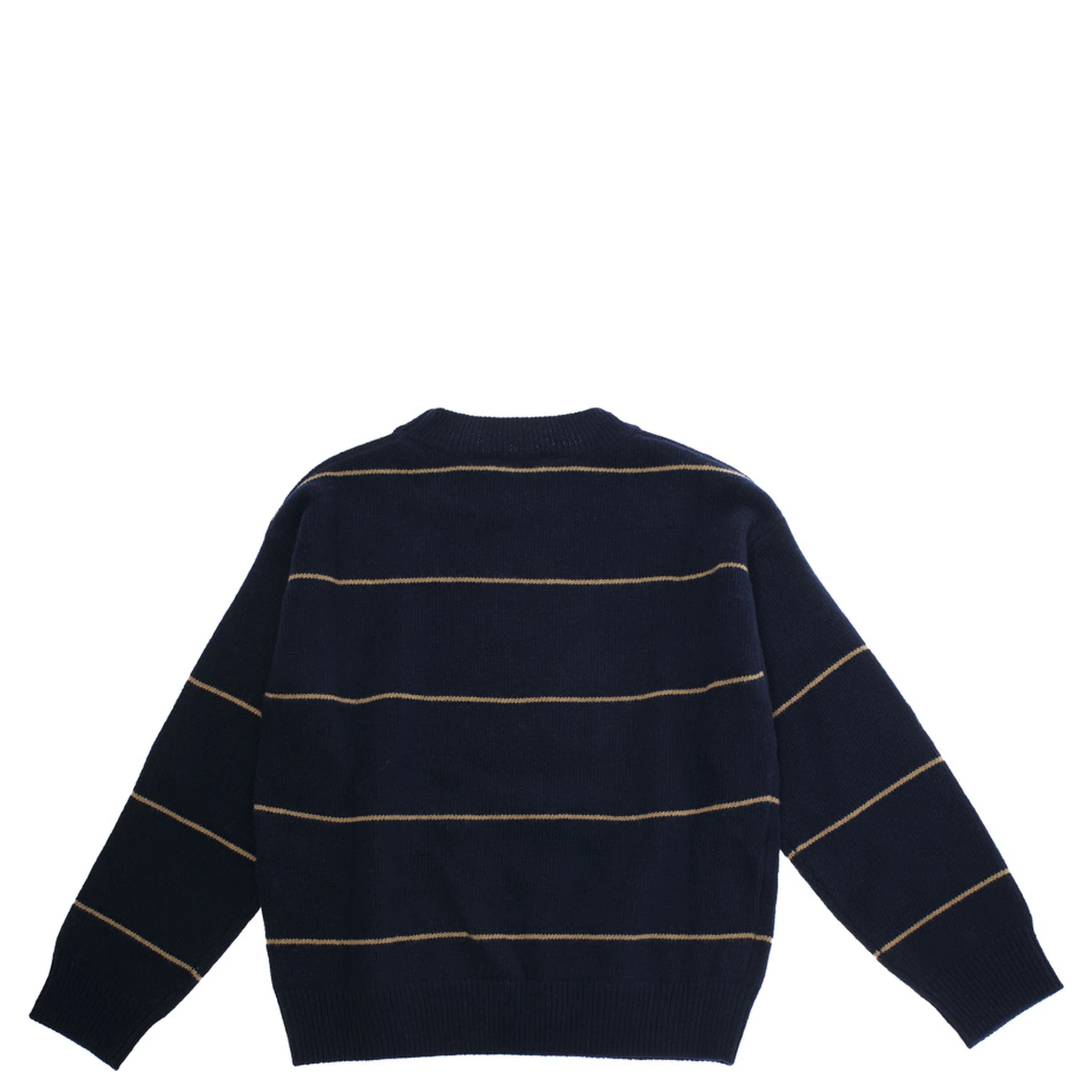 Blue Crewneck Sweater with Ribbed Trims and All-Over Striped Motif in Wool Boy