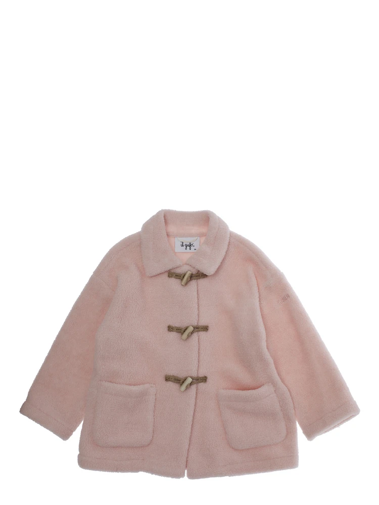 Pink Coat with Classic Collar and Logo Lettering Embroidery on the Sleeve in Tech Fabric Girl