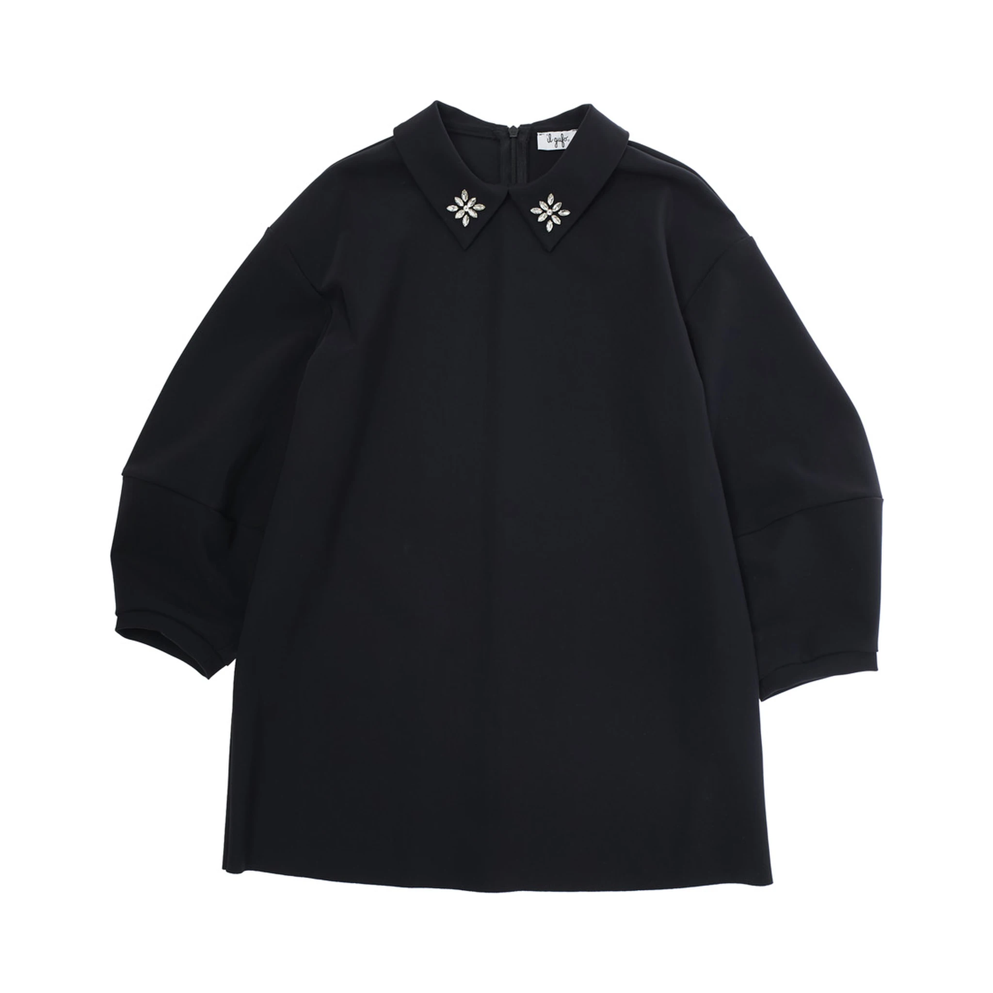 Black Dress with Beaded Collar and Rear Zip Closure in Tech Fabric Stretch Girl