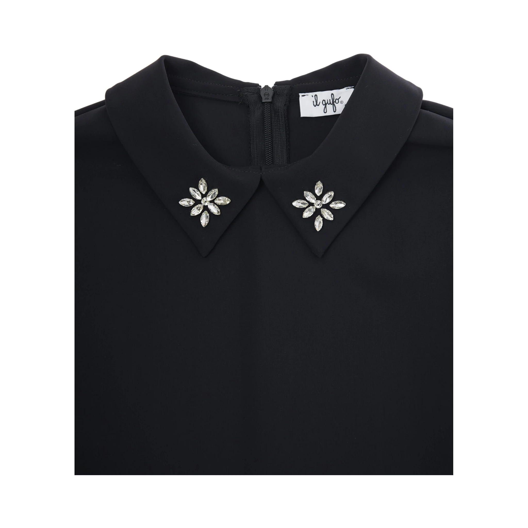 Black Dress with Beaded Collar and Rear Zip Closure in Tech Fabric Stretch Girl