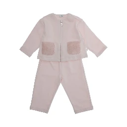 Pink Crewneck Suit with Front Zip Closure in Cotton Stretch Baby