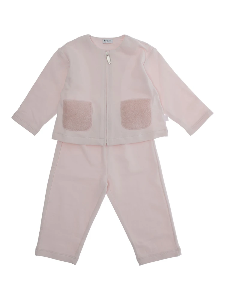 Pink Crewneck Suit with Front Zip Closure in Cotton Stretch Baby