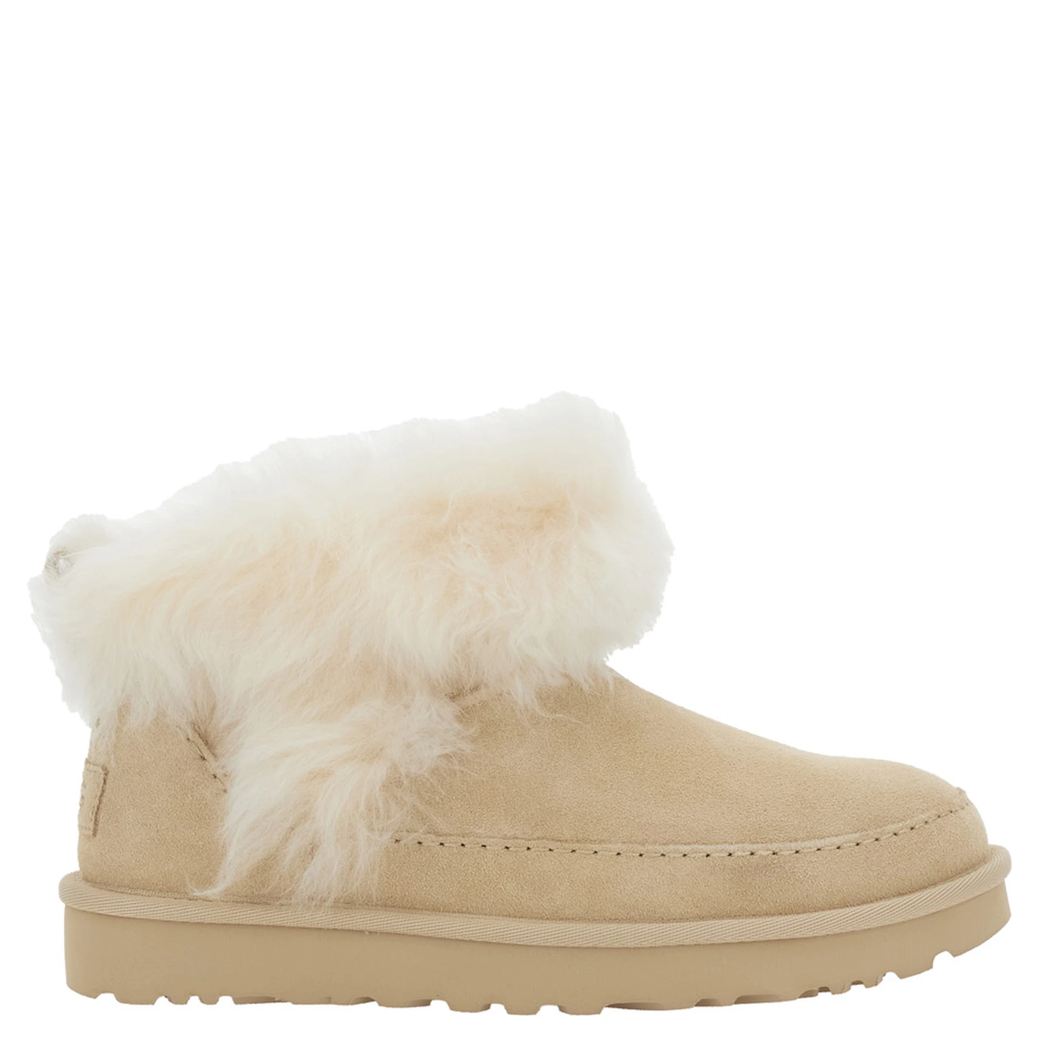Classic Ultra Mini Chalet Beige Ankle Boots with Fur Design in Suede Woman